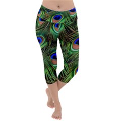 Peacock Feathers Plumage Iridescent Lightweight Velour Capri Yoga Leggings by HermanTelo