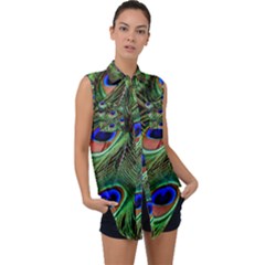 Peacock Feathers Plumage Iridescent Sleeveless Chiffon Button Shirt