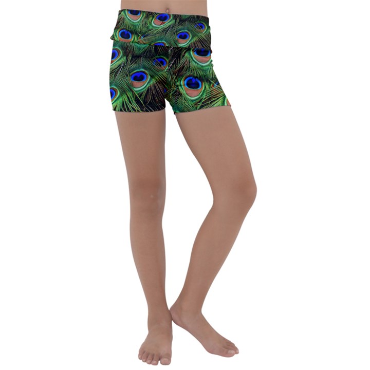 Peacock Feathers Plumage Iridescent Kids  Lightweight Velour Yoga Shorts