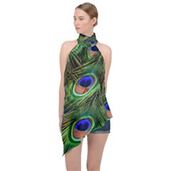 Peacock Feathers Plumage Iridescent Halter Asymmetric Satin Top