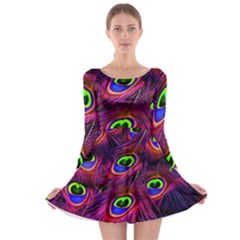 Peacock Feathers Color Plumage Long Sleeve Skater Dress