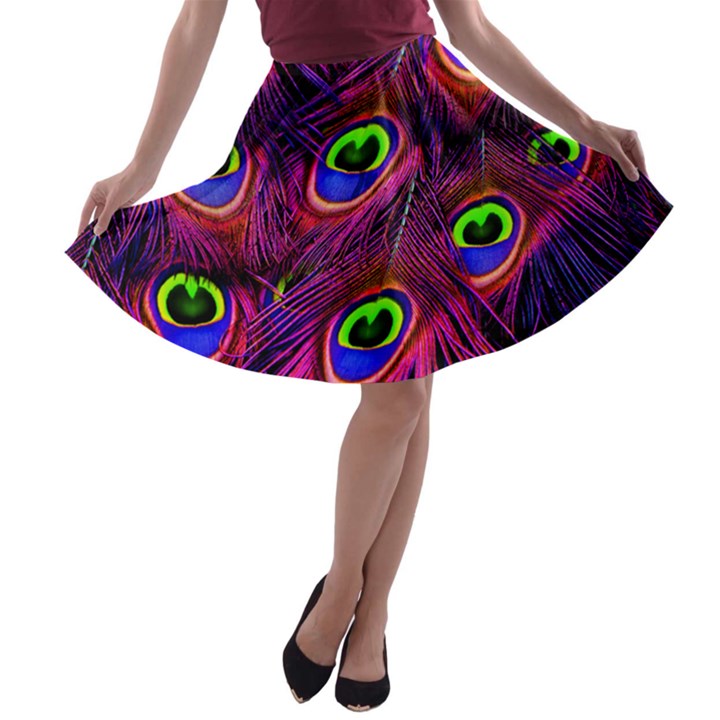 Peacock Feathers Color Plumage A-line Skater Skirt