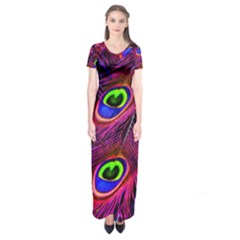 Peacock Feathers Color Plumage Short Sleeve Maxi Dress