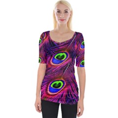 Peacock Feathers Color Plumage Wide Neckline Tee