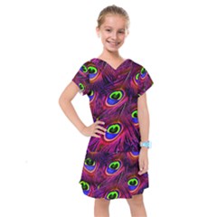 Peacock Feathers Color Plumage Kids  Drop Waist Dress