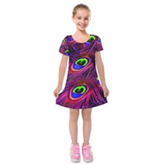 Peacock Feathers Color Plumage Kids  Short Sleeve Velvet Dress