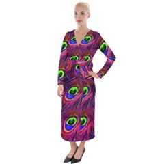 Peacock Feathers Color Plumage Velvet Maxi Wrap Dress