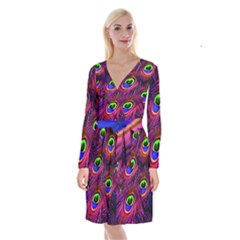 Peacock Feathers Color Plumage Long Sleeve Velvet Front Wrap Dress