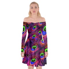 Peacock Feathers Color Plumage Off Shoulder Skater Dress by HermanTelo