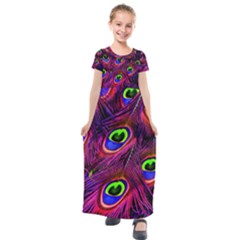 Peacock Feathers Color Plumage Kids  Short Sleeve Maxi Dress by HermanTelo