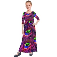 Peacock Feathers Color Plumage Kids  Quarter Sleeve Maxi Dress