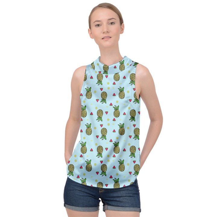 Pineapple Watermelon Fruit Lime High Neck Satin Top