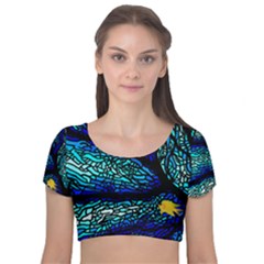 Sea Coral Stained Glass Velvet Short Sleeve Crop Top 