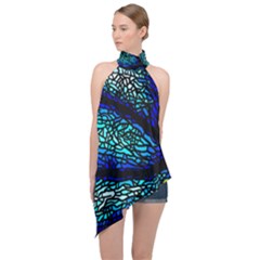 Sea Coral Stained Glass Halter Asymmetric Satin Top