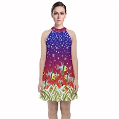 Sea Snow Christmas Coral Fish Velvet Halter Neckline Dress 