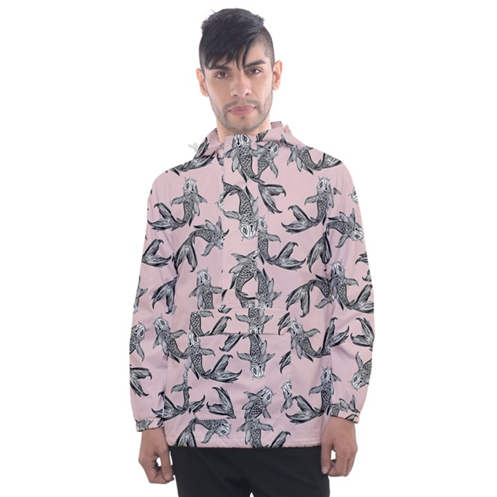 Koi Fish Pattern Men s Front Pocket Pullover Windbreaker