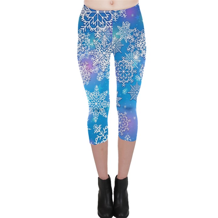 Snowflake Background Blue Purple Capri Leggings 