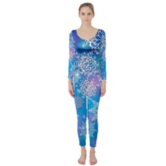 Snowflake Background Blue Purple Long Sleeve Catsuit by HermanTelo