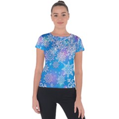 Snowflake Background Blue Purple Short Sleeve Sports Top  by HermanTelo