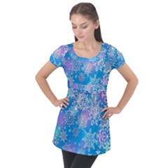 Snowflake Background Blue Purple Puff Sleeve Tunic Top by HermanTelo