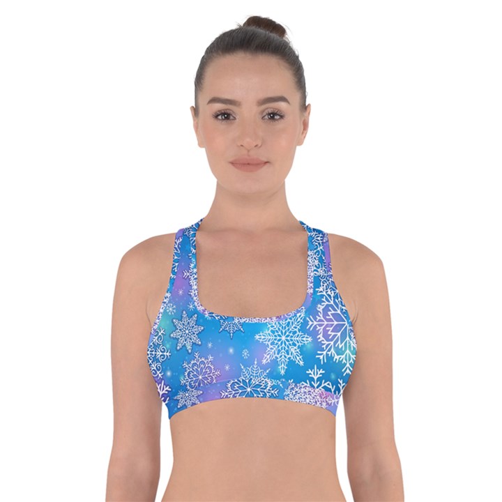 Snowflake Background Blue Purple Cross Back Sports Bra