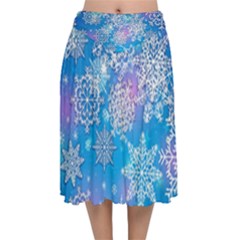 Snowflake Background Blue Purple Velvet Flared Midi Skirt