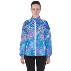 Snowflake Background Blue Purple Women s High Neck Windbreaker