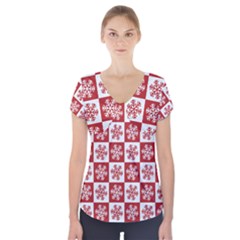 Snowflake Red White Short Sleeve Front Detail Top