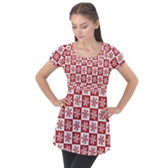 Snowflake Red White Puff Sleeve Tunic Top