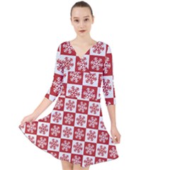 Snowflake Red White Quarter Sleeve Front Wrap Dress by HermanTelo