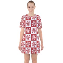 Snowflake Red White Sixties Short Sleeve Mini Dress