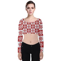 Snowflake Red White Velvet Long Sleeve Crop Top