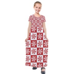 Snowflake Red White Kids  Short Sleeve Maxi Dress