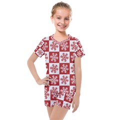 Snowflake Red White Kids  Mesh Tee And Shorts Set