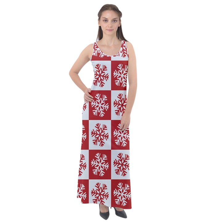 Snowflake Red White Sleeveless Velour Maxi Dress