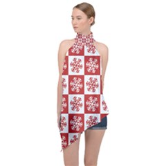 Snowflake Red White Halter Asymmetric Satin Top