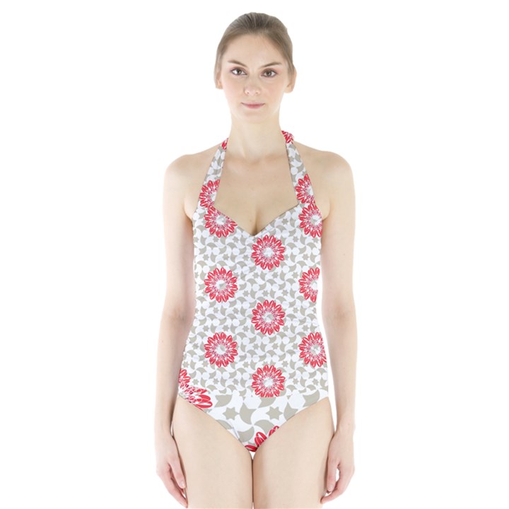 Stamping Pattern Red Halter Swimsuit