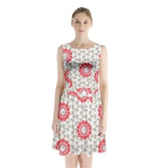 Stamping Pattern Red Sleeveless Waist Tie Chiffon Dress