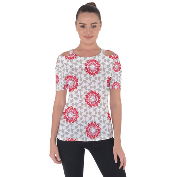 Stamping Pattern Red Shoulder Cut Out Short Sleeve Top