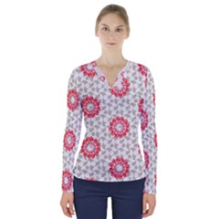 Stamping Pattern Red V-neck Long Sleeve Top