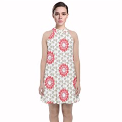 Stamping Pattern Red Velvet Halter Neckline Dress 