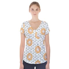 Stamping Pattern Yellow Short Sleeve Front Detail Top by HermanTelo