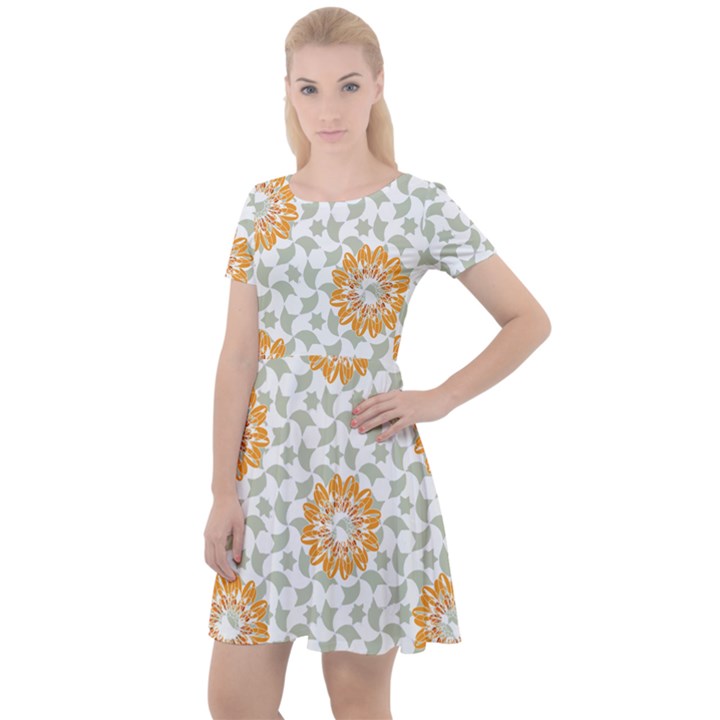 Stamping Pattern Yellow Cap Sleeve Velour Dress 