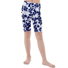 Navy & White Floral Design Kids  Mid Length Swim Shorts by WensdaiAmbrose