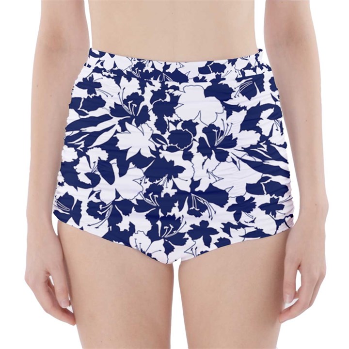 Navy & White Floral Design High-Waisted Bikini Bottoms