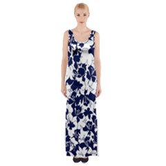 Navy & White Floral Design Maxi Thigh Split Dress by WensdaiAmbrose