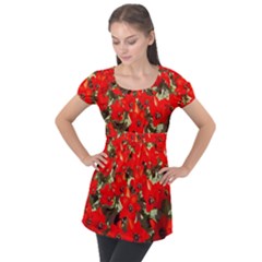 Columbus Commons Red Tulips Puff Sleeve Tunic Top by Riverwoman