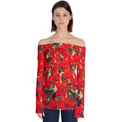 Columbus Commons Red Tulips Off Shoulder Long Sleeve Top