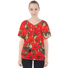 Columbus Commons Red Tulips V-neck Dolman Drape Top by Riverwoman