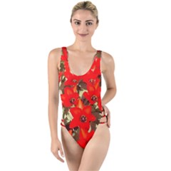 Columbus Commons Red Tulips High Leg Strappy Swimsuit by Riverwoman